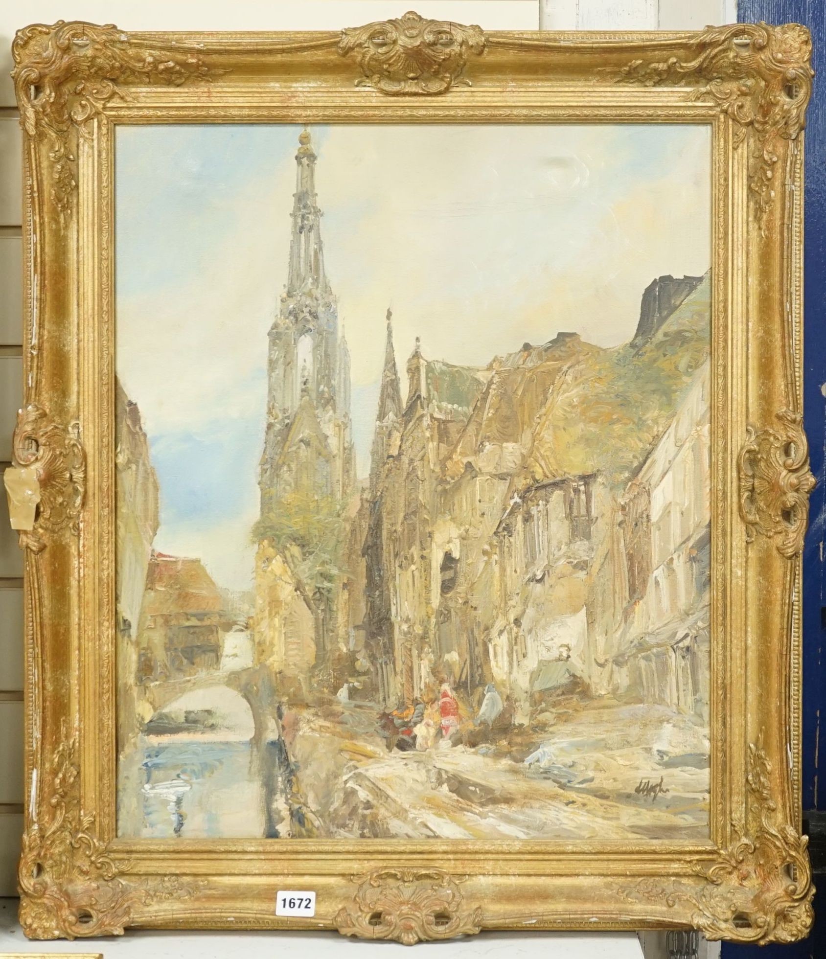 Flemish School, oil on canvas, Canal side church, indistinctly signed, 60 x 50cm